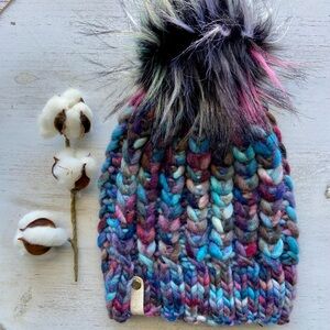Hand Knit Chunky Beanie - Faux Fur Pom - Malabrigo Rasta Yarn